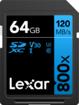 LEXAR Professional 800x SDXC UHS-I cards, C10 V10 U1, R120/45MB 64GB