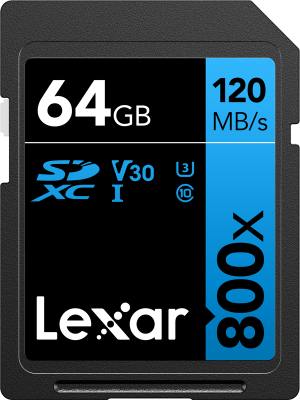 LEXAR Professional 800x SDXC UHS-I cards, C10 V10 U1, R120/45MB 64GB