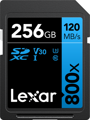 LEXAR Professional 800x SDXC UHS-I cards, C10 V10 U1, R120/45MB 256GB