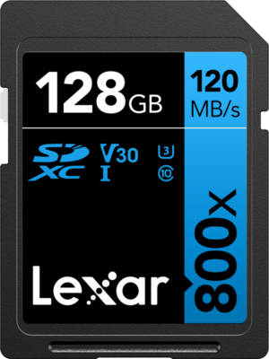Professional Lexar 800x SDXC UHS-I cards, C10 V30 U3, R120/45MB 128GB