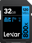 Professional 800x Lexar SDHC UHS-I cards, C10 V10 U1, R120 32GB