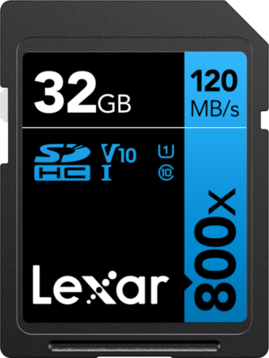 Professional 800x Lexar SDHC UHS-I cards, C10 V10 U1, R120 32GB