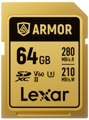 LEXAR SDXC ARMOR Gold UHS-II U3, Stal nierdzewna, IP68  odczyt 280 MB/s, zapis 210 MB/s (V60),  64GB