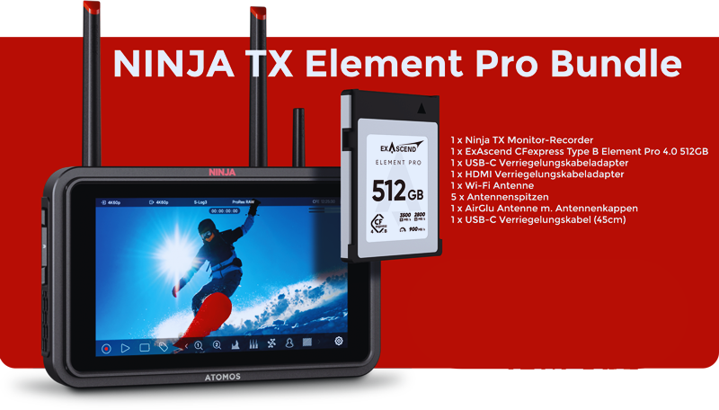Zestaw ATOMOS NINJA TX ELEMENT PRO – monitor/rekorder 5" HDR + karta CFexpress 512 GB EXASCEND ELEMENT PRO