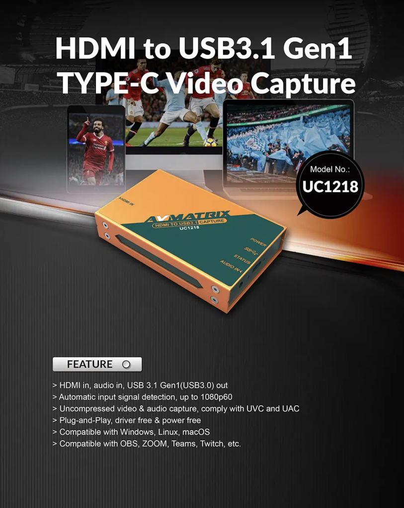 AVMATRIX UC1218 - HDMI to USB3.1 TYPE-C Uncompressed Video Capture